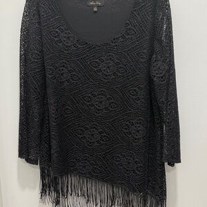 Black Asymmetrical Fringe Sparkle Party Tunic Top, Size XL